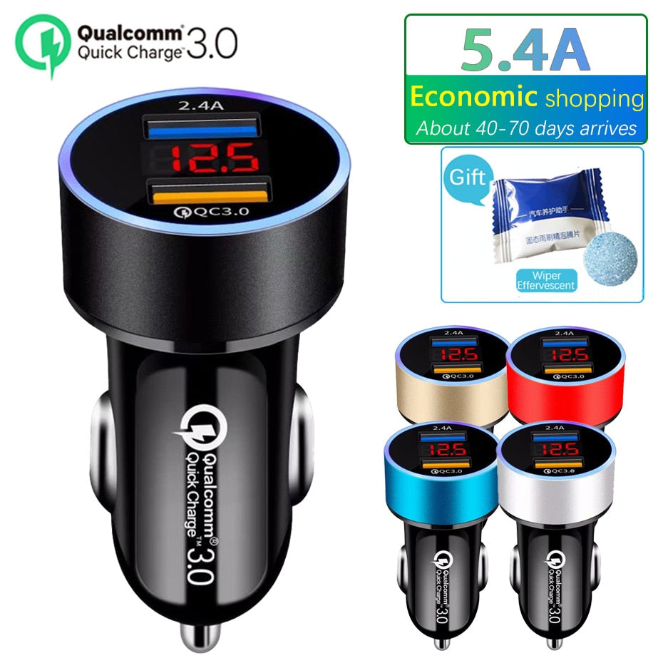 Cargador de coche USB dual QC3.0+2.4A con pantalla LCD, 12-24 V, toma de mechero, cargador rápido, adaptador USB para coche mejorado.