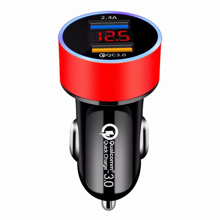Cargador de coche USB dual QC3.0+2.4A con pantalla LCD, 12-24 V, toma de mechero, cargador rápido, adaptador USB para coche mejorado.