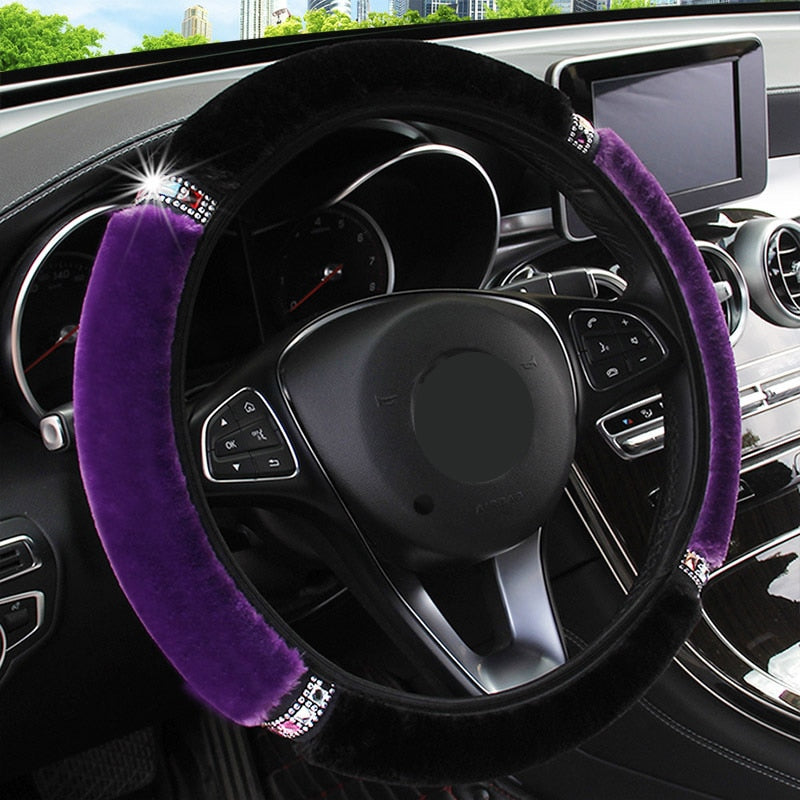 Funda universal para volante de coche, de felpa suave y con diamantes de imitación, de 37 a 38 cm de diámetro, accesorios interiores, funda para volan
