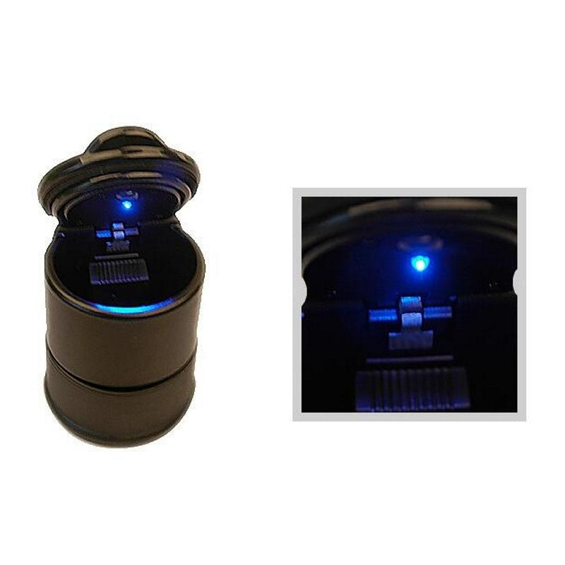 Cenicero portátil para coche con luz LED azul, sin humo, con soporte para cigarrillos y botón de goma antideslizante.
