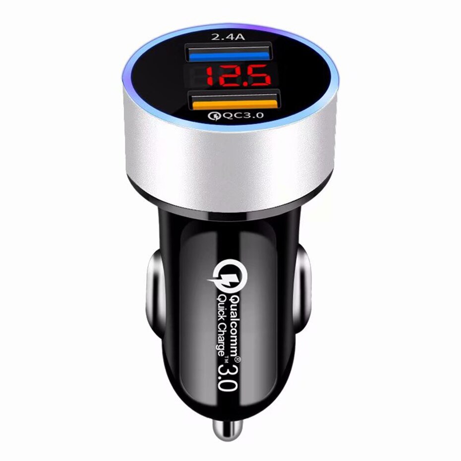 Cargador de coche USB dual QC3.0+2.4A con pantalla LCD, 12-24 V, toma de mechero, cargador rápido, adaptador USB para coche mejorado.