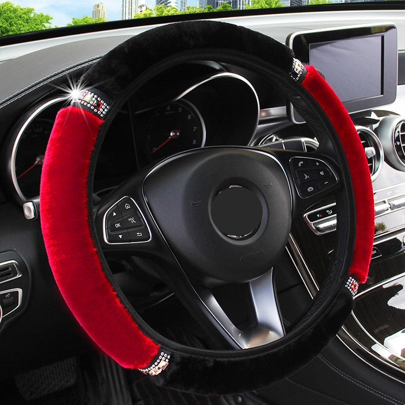 Funda universal para volante de coche, de felpa suave y con diamantes de imitación, de 37 a 38 cm de diámetro, accesorios interiores, funda para volan