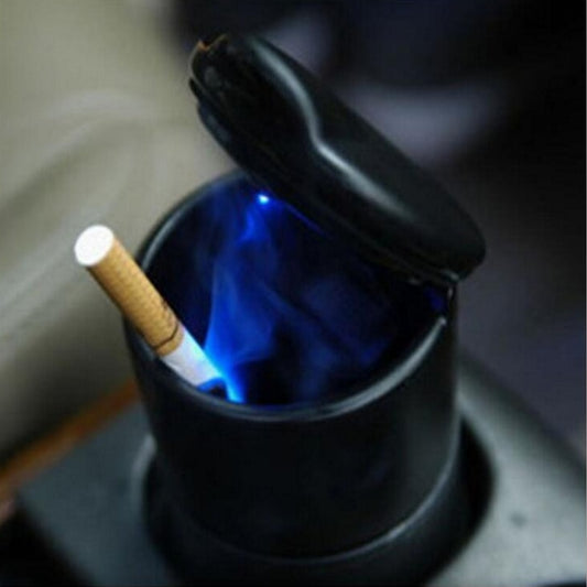 Cenicero portátil para coche con luz LED azul, sin humo, con soporte para cigarrillos y botón de goma antideslizante.