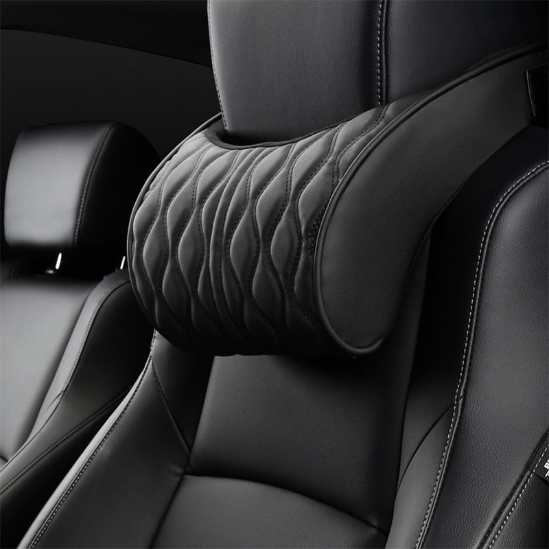 Almohada de espuma viscoelástica para reposacabezas de coche, juego de soportes de asiento de cuero bordado, ajuste del cojín del respaldo, reposacabe