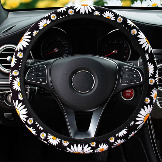 Bonita funda de volante de punto con diseño de margaritas para decoración interior de coche, accesorio universal para coche, funda de volante sin anil