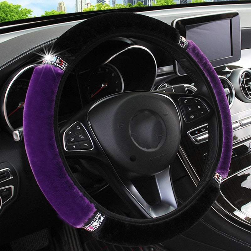 Funda universal para volante de coche, de felpa suave y con diamantes de imitación, de 37 a 38 cm de diámetro, accesorios interiores, funda para volan