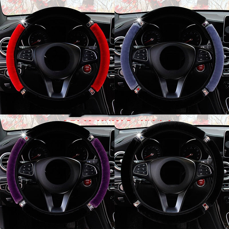 Funda universal para volante de coche, de felpa suave y con diamantes de imitación, de 37 a 38 cm de diámetro, accesorios interiores, funda para volan