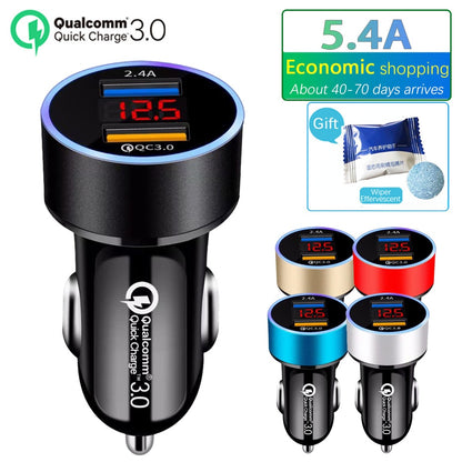 Cargador de coche USB dual QC3.0+2.4A con pantalla LCD, 12-24 V, toma de mechero, cargador rápido, adaptador USB para coche mejorado.
