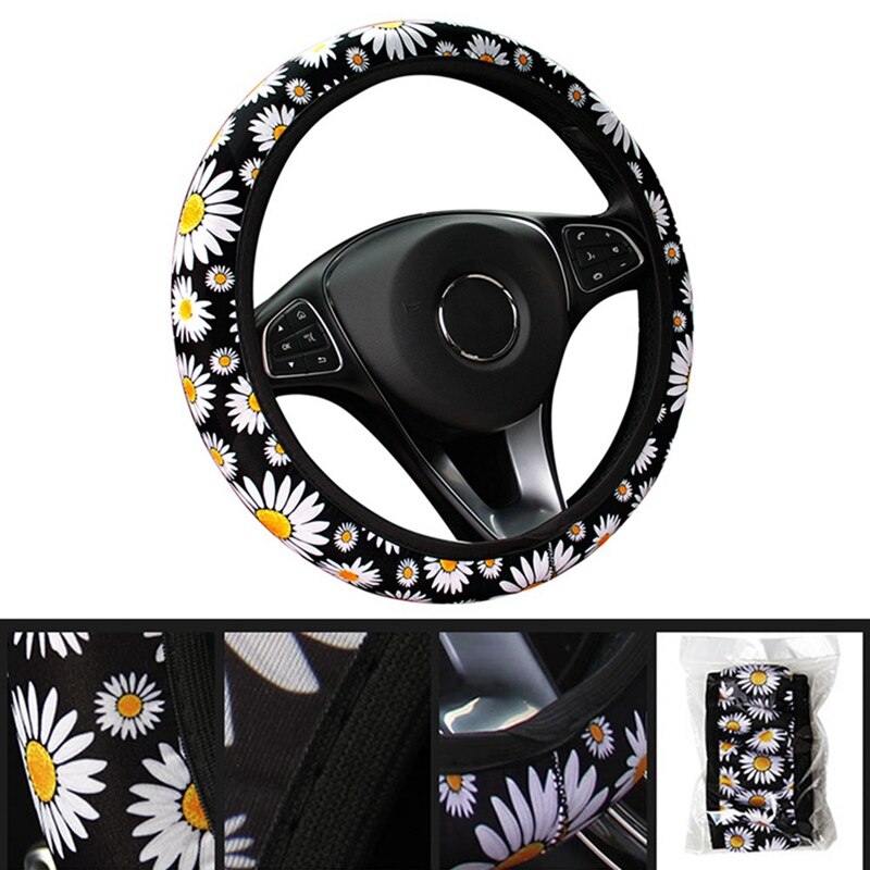 Bonita funda de volante de punto con diseño de margaritas para decoración interior de coche, accesorio universal para coche, funda de volante sin anil