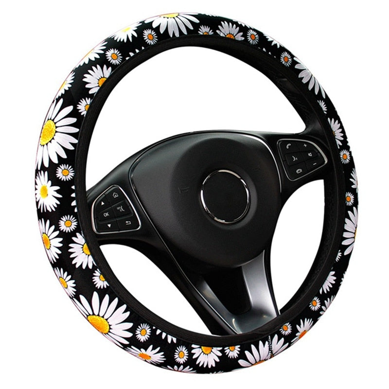 Bonita funda de volante de punto con diseño de margaritas para decoración interior de coche, accesorio universal para coche, funda de volante sin anil